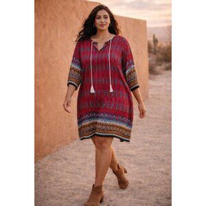 Halife Boho Tunic Top Womens 2XL Red Paisley Tassel Peasant Blouse